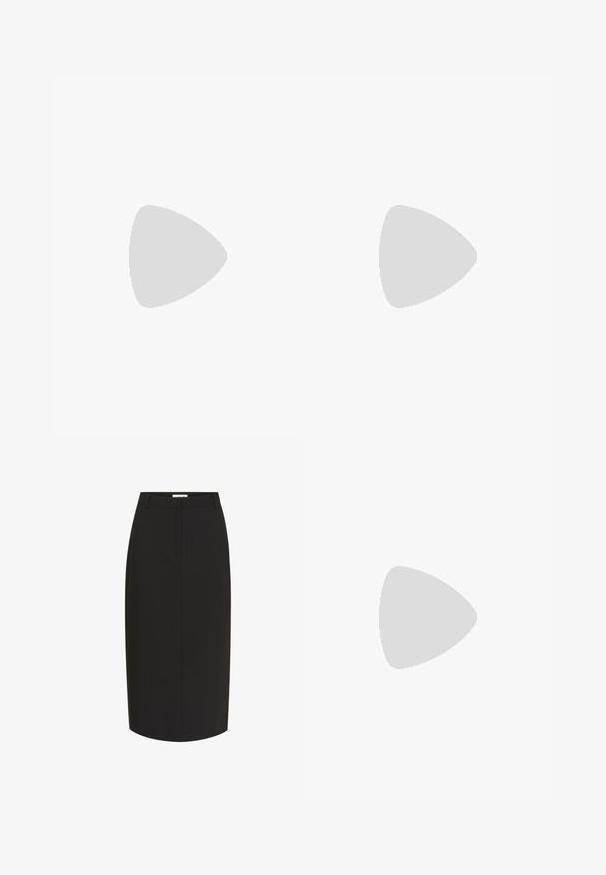 White long-sleeve top with a boat neck and a folded collar detail. Made of soft fabric with a smooth texture. Small logo accent at the hem.; Black pencil skirt made from smooth fabric, featuring a fitted silhouette, knee-length design, and front slit pockets.; Black flip-flop featuring a textured rubber sole, two slender straps, and a subtle, embossed logo detail on the strap.; Tortoiseshell eyeglasses with oval lenses and a sleek, smooth finish. Features thin sides with a subtle curve at the temples. Clear lenses.