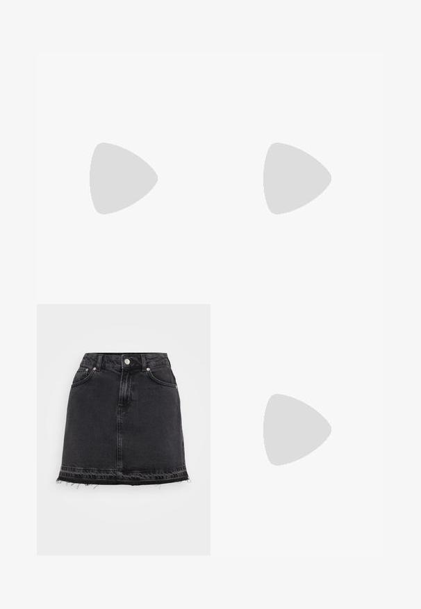 Long-sleeve, rust-colored top featuring a wide neckline and gathered detailing at the front. Made of soft, stretchy fabric.; Black denim mini skirt with a straight silhouette, featuring front pockets, metal button closure, and frayed hem detail.; Black ballet flat made of leather, featuring decorative silver studs. Includes a strap over the instep and a rounded toe design.; Silver hoop earrings with a smooth, polished finish. Round shape and secure click-top closure. Lightweight design suitable for everyday wear.