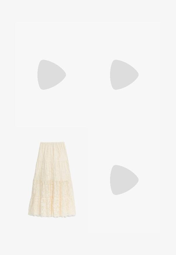 Top corto in cotone bianco all'uncinetto con scollatura a V e spalline regolabili. Presenta strisce orizzontali e piccoli dettagli a taglio su tutto il capo.; Gonna maxi in pizzo di un delicato color avorio, con un design a strati e orlo scallop, vita elasticizzata e motivo floreale in pizzo su tutta la superficie.; Infradito bianchi con suola textured e due cinghie sottili. Le cinghie sono lisce con un branding sottile. Nessun motivo o accento aggiuntivo.; Occhiali da sole rotondi con lenti scure, montatura in metallo dorato sottile, estremità in plastica e poggiatopti regolabili. Design minimalista con un aspetto classico.