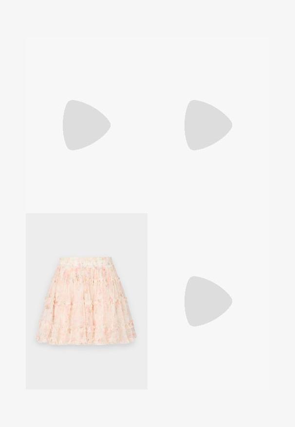 Off-the-shoulder top with ruffled edges, featuring a smocked design in pastel colors, lightweight fabric, and a textured finish.; Needle & Thread DITSY SMOCKED MICRO MINI SKIRT - Mini skirt - moonshine pink; Black leather ballet flat with a rounded toe, smooth texture, minimal stitching detail, and a flexible sole design.; Brown leather handbag with a flap closure, gold-tone hardware, a shoulder strap, and a smooth texture. Compact rectangular shape.
