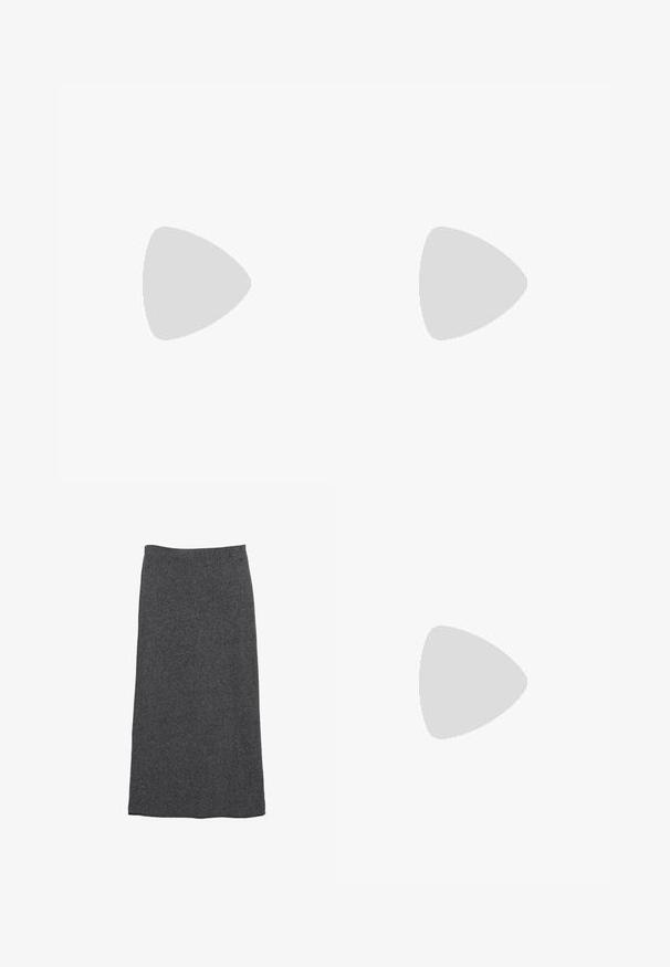 Navy gebreide polo trui met een kantpatroon, korte mouwen, een kraag en drie gouden knopen, met witte gestreepte accenten.; Grijze wollen maxi rok met een rechte snit en elastische tailleband, met een zachte textuur en een gladde afwerking. Geen zichtbare patronen of accenten.; Bordeaux slingback pumps met een spitse neus en een bovenwerk van gaas. Beschikt over een slanke hak en uitsnijdingen, wat een elegante silhouet biedt.; Heldere plastic zonnebril met grijze lenzen, rechthoekige vorm, reliëf "Versace" logo op de pootjes, die een modern design laat zien.; Bordeaux leren hobo-tas met een gebogen handvat en een zachte, gestructureerde body. Voorzien van een ritsluiting en minimale stiksel-details.