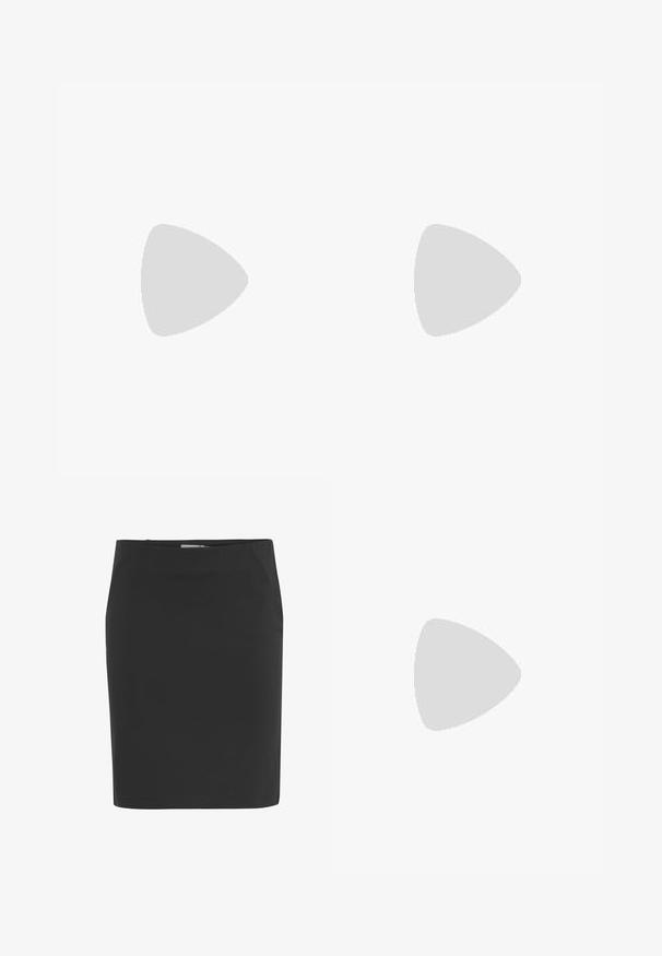 Black long-sleeve top made from ribbed fabric. Features a round neckline and fitted shape. No patterns or embellishments. Simple design.; Black pencil skirt made of smooth fabric, featuring a fitted silhouette with a waistband, and a knee-length cut. No visible patterns or accents.; Tall black faux leather boots with a rounded toe, accent belt buckle detail, and a chunky heel. Smooth texture and vertical seam on the shaft.; Black sunglasses with a sleek, oval design; dark gradient lenses; polished plastic frame; ZIGN logo on the inner arm.