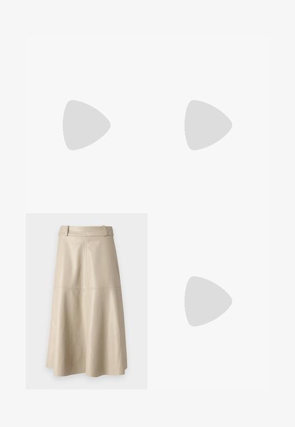 Black cotton t-shirt with a crew neckline, short sleeves, and a small white "ALLSAINTS" logo on the left chest. Smooth texture, relaxed fit.; Beige leather midi skirt with a smooth texture, wide waistband, and flared hem; features stitched seams for added detail.; Black pointed-toe high heels with a glossy finish and subtle textured pattern. Features a moderate heel and open throat design.; Black leather tote bag with a square handle, featuring a textured finish and embossed logo. Includes a detachable strap.