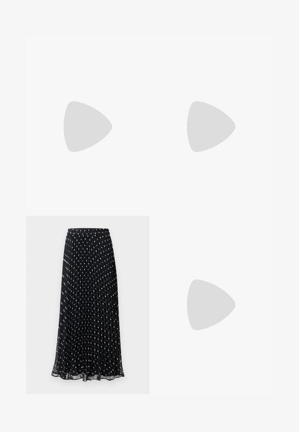 T-shirt en coton noir à col rond, manches courtes et un détail de logo subtil sur la poitrine gauche. Texture lisse et coupe décontractée.; Jupe midi plissée noire à motif à pois blancs, dotée d'une taille élastique pour un ajustement flexible. Tissu léger et fluide.; Baskets blanches en cuir avec des accents en daim beige, boîte à orteils perforée, lacets plats et semelle texturée crème. Présente un logo discret au talon.; Sac à main en motif serpent avec une poignée incurvée. Fabriqué à partir de matériaux texturés beiges et bruns, présentant un motif en diamant distinctif.