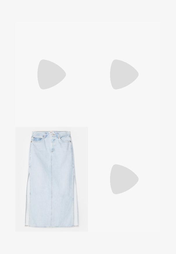 Light pink short-sleeve t-shirt made of cotton, featuring round neckline and decorative "AIX" text with dot accents.; Light blue denim maxi skirt with a straight cut, featuring side slits and five-pocket design. Prominent stitching and metal button closure.; Black leather ballet flat with a rounded toe, smooth texture, minimal stitching detail, and a flexible sole design.; COACH HAMPTONS HOBO BAG IN SIGNATURE JACQUARD - Handbag - oak maple