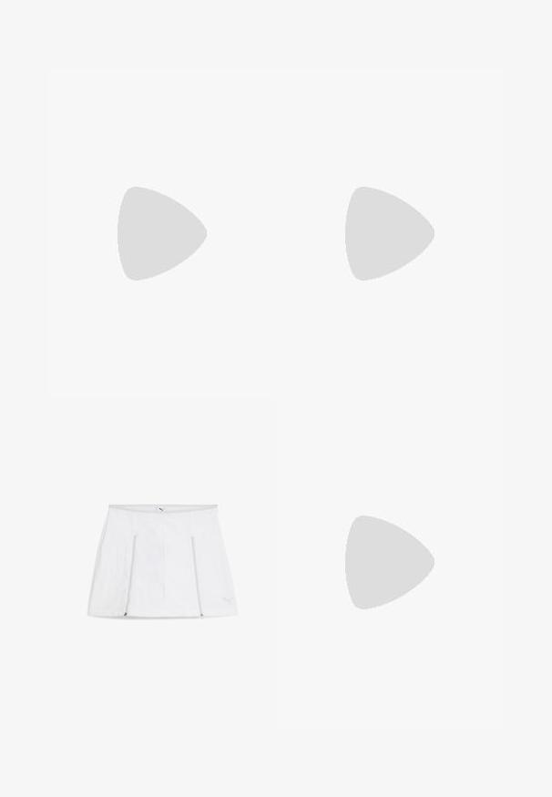 Sort atletisk tanktop med en tætsiddende design, kontrasterende stropper med "PUMA" branding og et lille hvidt logo på brystet.; Hvid sports nederdel med en flad taljebånd, lynlåslommer på begge sider og et logo detaljeret i nederste højre hjørne. Glat, letvægts stof.; Even&Odd Sneakers - white; Mørkeblå denimtaske med en blød, slasket form, der har et hobo-stil håndtag og en struktureret overflade. Ingen synlige metaldele.