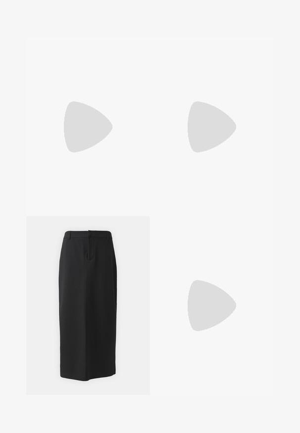 Melna ribota īsā topa krekla ar īsām piedurknēm, ar apaļu kakla izgriezumu un sarautu apakšmalu, piešķirot papildu tekstūru. Izgatavots no elastīga materiāla.; Melna zīmuļa svārku garums līdz ceļgaliem, izgatavots no gludas auduma. Iespējojot aizmugurē esošu šķēlumu un sānu kabatas, ar vienkāršu dizainu un neitrālu krāsu.; Melni lakoti mokasīni ar masīvu melnu zoli un zelta aksesuāriem. Gluda tekstūra un noapaļota purngala dizains.; Sudraba metāla gredzenveida auskari ar matētu faktūru, ar apaļu dizainu un caurspīdīgu aizdari, lai nodrošinātu drošu valkāšanu.