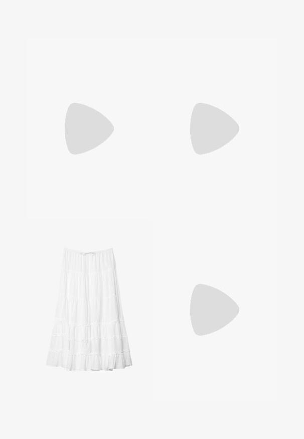 Brown crop top with thin straps, featuring textured fabric, gathered detailing, and a ruffled hem for a fitted silhouette.; White tiered skirt with ruffled accents, elastic waistband, ankle length, made of lightweight fabric, smooth texture, no visible patterns.; Brown flat sandals with multiple slender straps, a toe loop, and a gold-tone accent. The sole is flat and has a smooth finish.; Oval sunglasses with a translucent pale yellow frame and brown lenses. Features smooth texture and subtle hardware accents on the sides.; Woven straw handbag in a half-moon shape, featuring a textured surface, beige color, and a decorative tassel accent. Gold hardware logo detail.