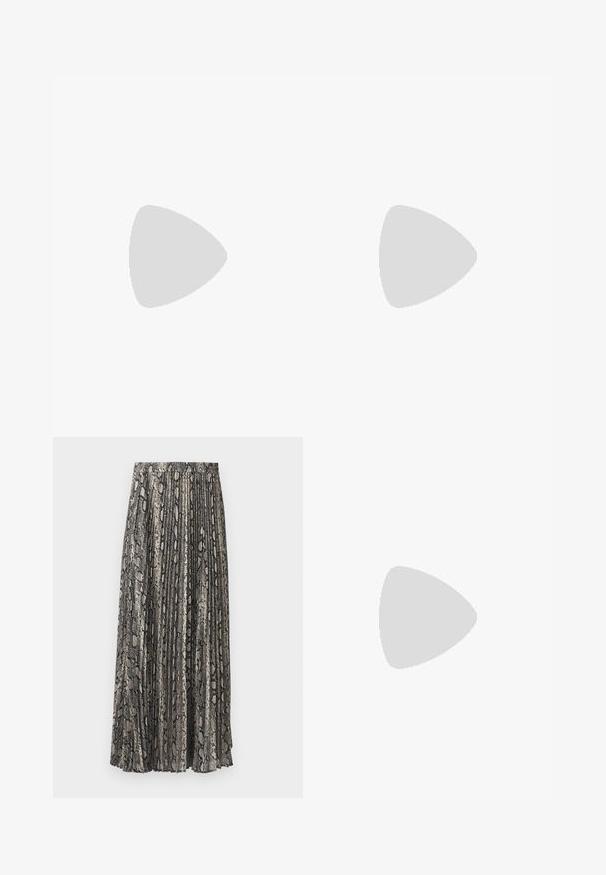 Black long-sleeve top with a high neck, featuring metallic studs along the sides and sleeves, made of a smooth, stretchy fabric.; Pleated midi skirt in a snake print pattern, featuring shades of grey, black, and beige. Made of lightweight fabric with an elastic waistband.; Black heeled sandal with crossed straps and adjustable buckle. Features a smooth texture and tapered stiletto heel.; Black leather crossbody bag with two front pockets, gold buckles, zipper closure, and a slim strap. Textured surface and compact rectangular shape.