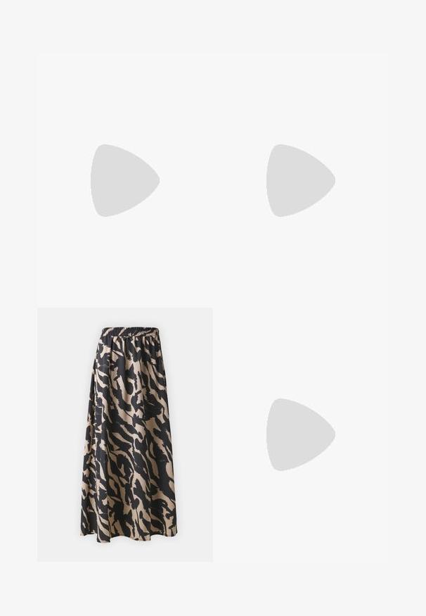 Black short-sleeve t-shirt with a v-neckline, made from a smooth fabric. Features a small embroidered logo on the chest.; Black and beige long skirt with an elastic waistband, featuring an abstract animal print pattern and a flowing silhouette.; Black patent leather slingback heels with a pointed toe and a geometric block heel. Features a sleek, minimal design and smooth texture.; Black leather hobo bag with a smooth texture, curved shape, and single adjustable strap; features a wide opening at the top.