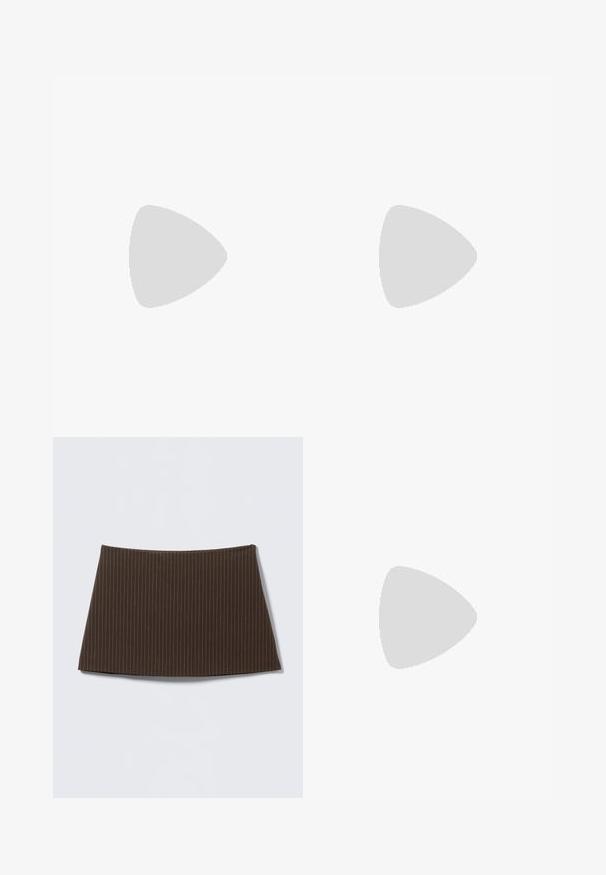 Ribbed, off-the-shoulder top in pale green, with a wide folded neckline and a snug, form-fitting shape, made from stretchy material.; Brown pinstriped skirt with a fitted design, smooth texture, and a flared hem, ideal for a tailored look.; Black knee-high boots made of smooth faux leather with a chunky sole, side zip closure, and a rounded toe design.; Black sunglasses with a wrap-around design, dark tinted lenses, shiny star-shaped accents, and adjustable nose pads.; Set of twelve hoop earrings in silver and gold tones. Includes twisted, smooth, and textured designs with various sizes and finishes.