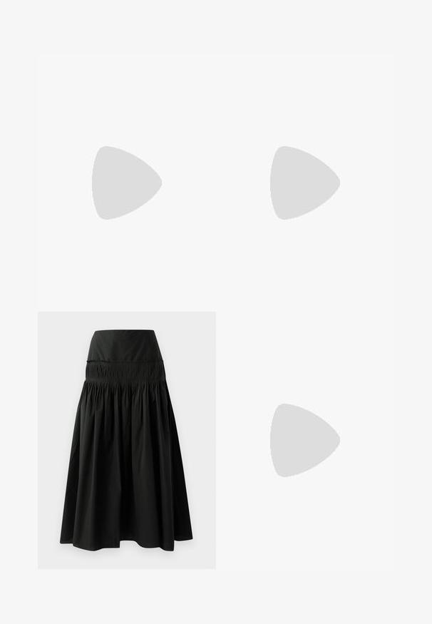 Satin gray camisole with thin spaghetti straps and a sheer, striped lace overlay at the neckline, featuring a V-shaped design.; Black knee-length skirt made of smooth fabric, featuring a fitted waistband and gathered design for fullness.; Paul Smith TOPANGA - Ballet pumps - black; Navy blue leather clutch with a crocodile texture, silver chain strap, and metallic clasp. Rectangular shape with foldover design.