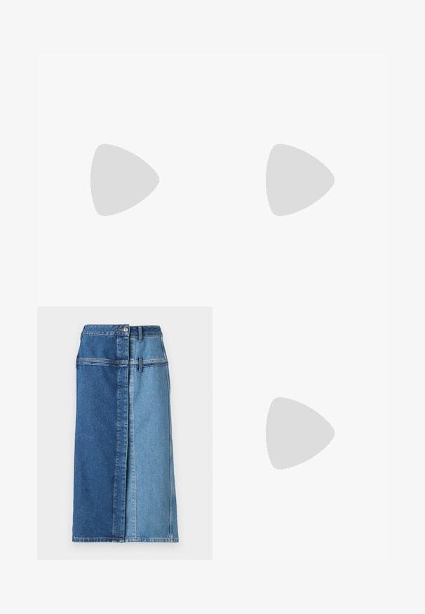 MAX&Co. TEE - T-shirt estampada - weiss; Saia de ganga com um design de blocos de cor, apresentando azul escuro de um lado e azul claro do outro, com fecho de botão e bolsos.; Bailarina preta em pele com bico arredondado, textura suave, detalhe de costura minimalista e design de sola flexível.; Bolsa de couro castanho com fecho de aba, decoração em tom dourado, alça de ombro e textura suave. Formato retangular compacto.