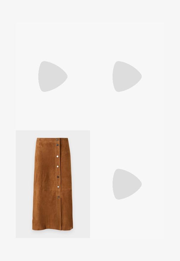Black strapless top made of stretchy fabric, featuring a repeated crescent moon pattern in a light beige color across the surface.; Brown suede midi skirt with a straight cut and a front row of silver snap buttons for closure.; Dark brown leather mid-calf boot with pointed toe, curved slim heel, and smooth finish on a white background.; Woven bag in brown and yellow, featuring a rectangular shape, two handle straps, and a textured finish with visible stitching and a brand tag.