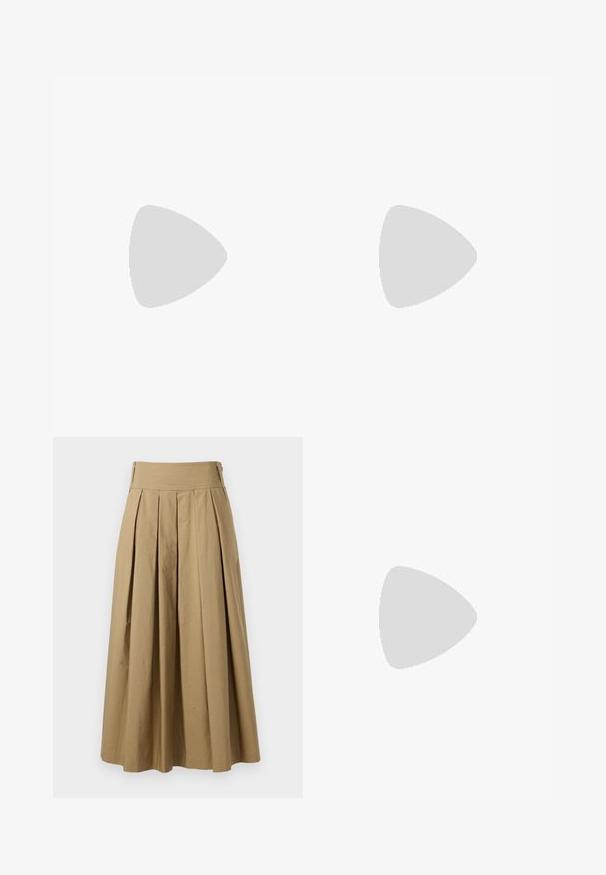 Navy blue cotton t-shirt with a crew neckline and short sleeves. Features minimal branding on the front and a relaxed fit.; Khaki pleated skirt with a high waistband, made of cotton. Features a flowy design and hem finishes with subtle stitching details.; Beige leather ballet flat with rounded toe, minimal seam detailing, low heel, and subtle logo on the back. Smooth, matte texture.; Black square sunglasses with dark lenses, smooth plastic frame, and subtle wing-like accents on the temples.; Black crocodile-patterned clutch bag with silver hardware, held against a textured gray background. Features a shiny surface.