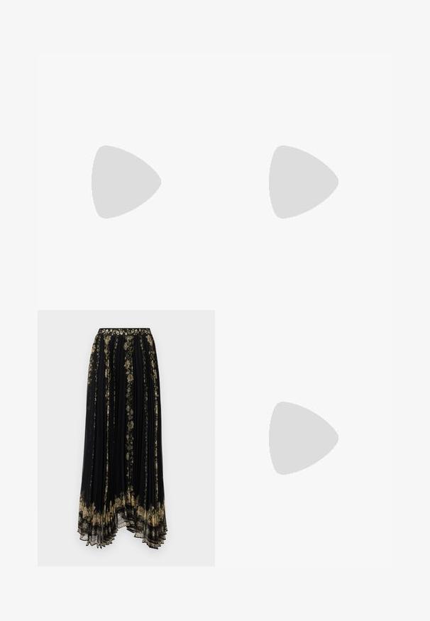 WEEKEND MaxMara BIRD - Triko s potiskem - white; Černá plisovaná sukně s květinovou výšivkou v zlatých a zelených tónech, s dekoračním pasem a volným, asymetrickým lemem.; Černé kožené baletní byty s kulatou špičkou, hladkou texturou, minimálními švy a flexibilním designem podrážky.; Hnědá kožená kabelka s klopou, zlatými kovovými detaily, ramenním popruhem a hladkým povrchem. Kompaktní obdélníkový tvar.