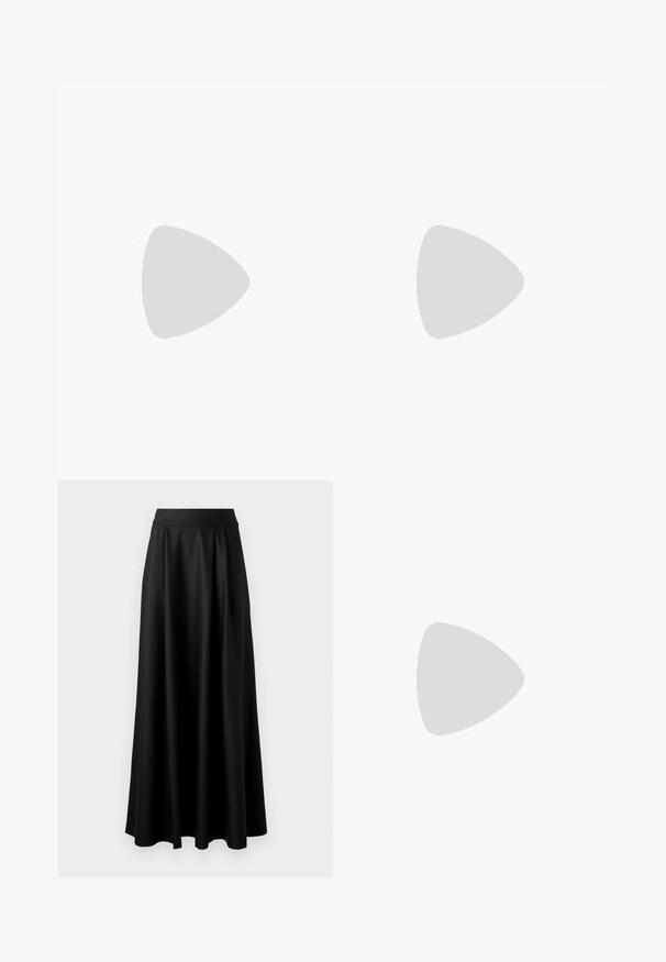 Black long-sleeve top made of soft fabric. Features a scalloped neckline and hem, with a simple, fitted design. No additional embellishments.; Black, floor-length skirt with a smooth texture, wide waistband, and pleated design, featuring no visible patterns or embellishments.; Black pointed-toe high heel shoe with a crocodile-skin texture, featuring a sleek design, high stiletto heel, and smooth black interior.; Navy blue leather clutch with a crocodile texture, silver chain strap, and metallic clasp. Rectangular shape with foldover design.