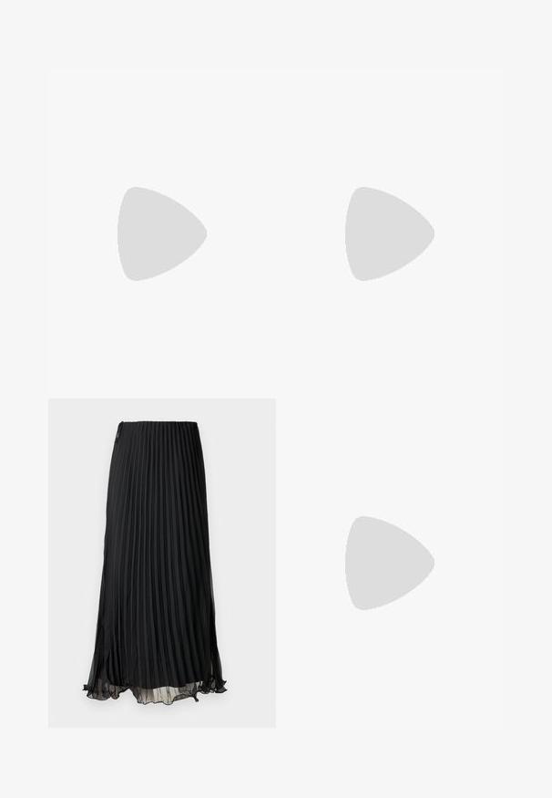 Haut à manches longues et col rond en violet foncé, fabriqué en tissu doux et extensible. Présente un design ajusté sans motifs ni accents visibles.; Jupe maxi plissée noire en tissu léger, dotée d'une taille élastique et d'un ourlet doux et fluide avec des bords volants.; Bottes noires en cuir hautes jusqu'au genou avec un bout carré, un talon effilé et un détail de couture verticale le long de l'arrière de la tige. Texture lisse.; Sac à main en tissu doux bordeaux avec un design froncé et une longue sangle, porté en bandoulière. Le mannequin porte un top court blanc et un jean noir.