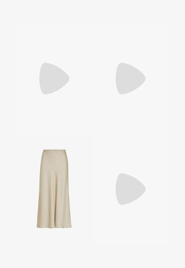Short-sleeve sweater in dark gray knit fabric. Round neckline, soft texture, and a relaxed fit with minimal seams.; Beige satin midi skirt with a smooth texture, flared design, and an elastic waistband for comfort and ease of wear.; Brown suede sneakers with white accents and laces. Rubber gum sole. Worn with white socks featuring black stripes. Green textured flooring.; Square sunglasses with a tortoiseshell acetate frame and clear lenses. Features wide temples and a matte finish, enhancing overall durability.