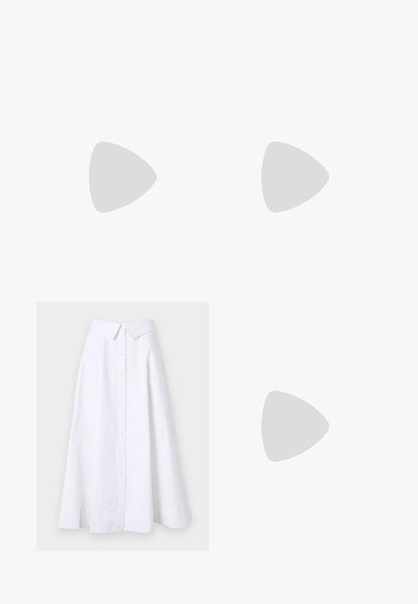 Short-sleeve tan crewneck t-shirt with "KARL LAGERFELD JEANS" logo printed on the left chest.; White long skirt made of lightweight fabric, featuring a button-down front, wide hem, and a structured collar. Smooth texture with no visible pattern.; Black leather slingback heels with a pointed toe, slender heel, and decorative buckle detail on the vamp. Smooth texture and sleek design.; Black and white striped handbag with a structured shape, featuring a top handle, a detachable chain strap, and metallic logo accent.