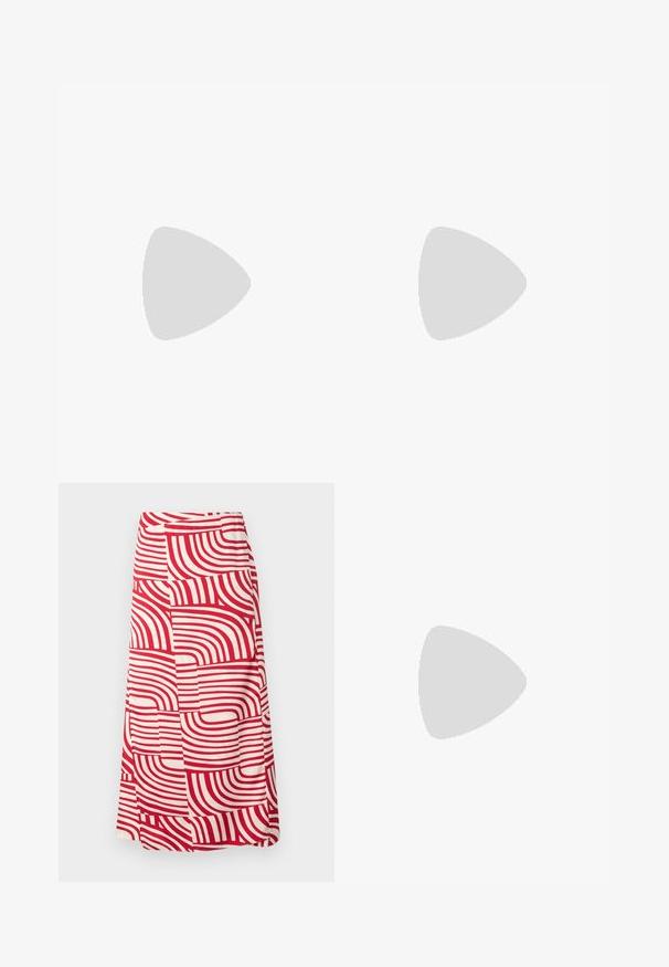 Hihaton verkkopaita vaaleanharmaana, jossa on pyöreä kaula-aukko ja hillitty beige reunus. Kankaan rakenne on verkomainen, jossa on tasaisesti sijoitettuja reikiä.; Punainen ja kerma värinen polven mittainen hame, jossa on rohkeat, kaarevat raidat vaihtelevilla leveydillä, valmistettu pehmeästä kankaasta, jolla on sileä tekstuuri.; Nude lakattu kärkitossu, jossa on nilkkahihna ja tendo, ominaisuutena sileä pinta ja minimalistinen muotoilu.; Ruskean nahkalaukku, jossa on aaltoileva muotoilu, kahdella pyöreällä kullansävyisellä yksityiskohdalla ja irrotettavalla olkahihnalla monipuolista kantamista varten.