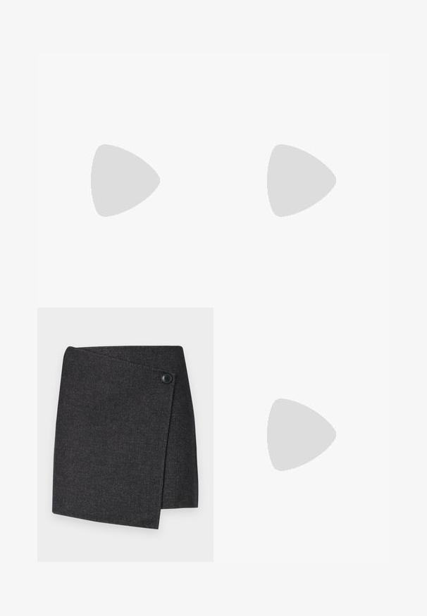 Black satin camisole with thin straps, featuring a button-down front and a split hem for added detail. Smooth texture and minimalist design.; Dark gray wrap skirt made of textured fabric, featuring a button closure on the left side and an asymmetrical hemline.; Black leather ballet flat with a rounded toe, smooth texture, minimal stitching detail, and a flexible sole design.; Black leather handbag with a curved shape, featuring a decorative design on the front, a short strap, and gold-tone hardware accents.