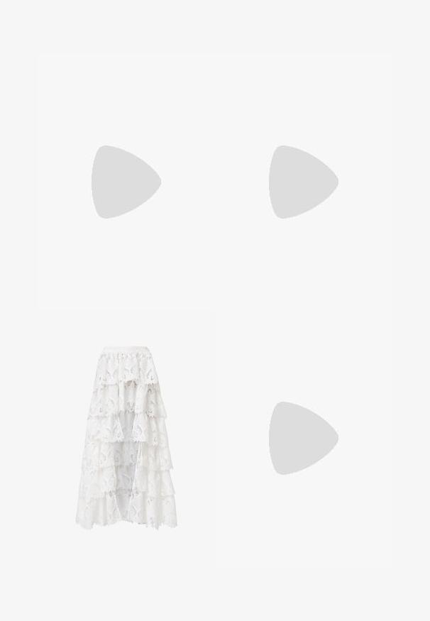 Top in cotone all'uncinetto con bordi scallop e motivi quadrati. Presenta spalline regolabili e chiusura con bottone. Realizzato in tessuto leggero e testurizzato.; Gonna di pizzo bianca con un design a strati e bordi scallop. Il materiale presenta un motivo floreale e una texture che creano un aspetto stratificato.; Scarpa slingback beige con tomaia perforata, punta affilata e un tacco triangolare a contrasto con un accento dorato. Texture liscia nel complesso.; Occhiali da sole tartarugati con lenti ovali allungate, tonalità marrone, accenti dorati con logo sulle tempie e aste nere eleganti.; Borsa a tracolla beige con un motivo stampato, forma curvata, dettagli in pelle e un logo dorato sul davanti. Presenta una maniglia corta per un facile trasporto.; Orecchini in metallo color oro con un design intrecciato, una superficie liscia e lucida e forme arrotondate. Ciascuno misura circa 5 cm.