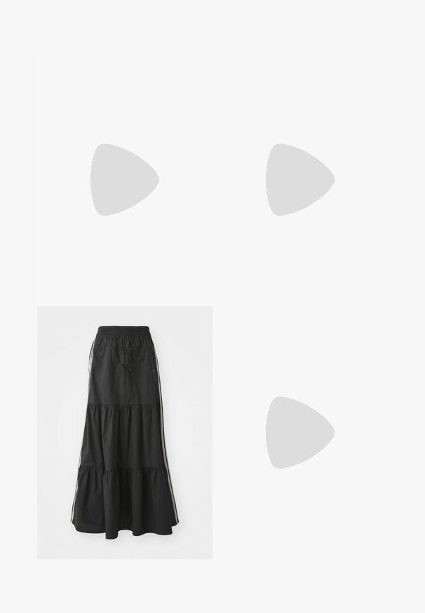 Black long-sleeve cropped top made from textured lace with a diamond pattern and a scoop neckline. Features frilled edges.; Black tiered maxi skirt with an elastic waistband, drawstring, and contrasting side stripes. Made from lightweight fabric with a smooth texture.; Brown leather cowboy boots with pointed toe and block heel, featuring detailed stitching and raised accents on the shaft.; Sunglasses with a gray gradient lens, gold metal frame, and black plastic accents. Unique butterfly-shaped lenses with thin arms.; Black leather clutch bag with a flap and a gold metal buckle detail. Includes a black strap and a sleek, minimalist design.; Green tank top with lace detail at the shoulder and neckline, featuring a fitted design and soft fabric. Paired with light-colored trousers.