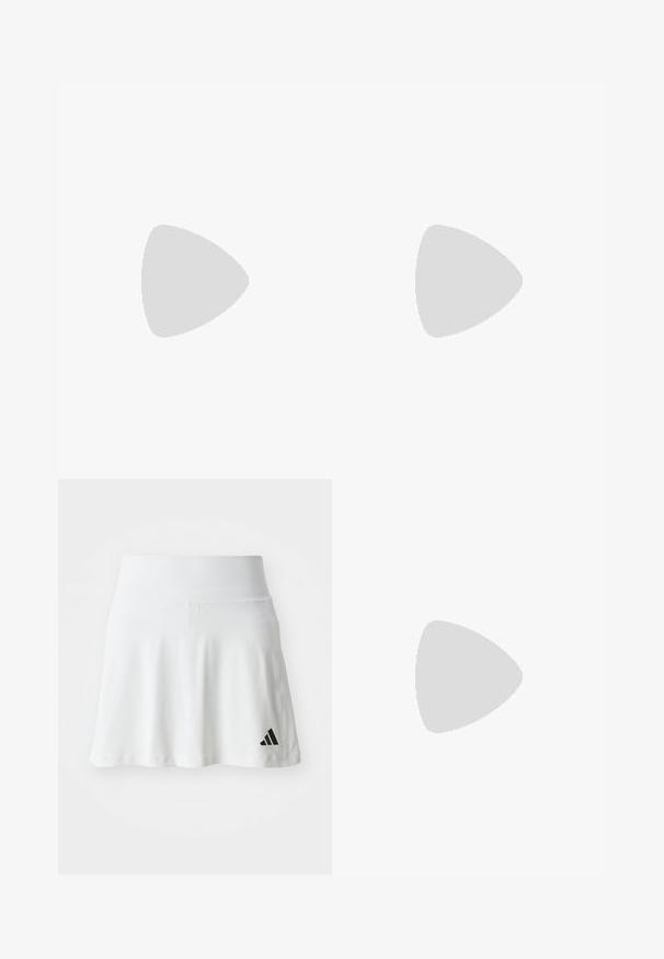 Top desportivo cropped preto com design em rede, decote redondo e forro em camadas com riscas diagonais cinzentas. Tecido texturado e respirável.; Saia atlética branca com uma textura suave, design evasê e um detalhe do logótipo preto da Adidas no canto inferior esquerdo. Cintura elástica e suave.; Conjunto desportivo preto com riscas brancas, calças cropped, combinado com ténis pretos e meias verdes brilhantes. Os acessórios incluem uma bolsa preta.; Mala de duffel azul-marinho com o logótipo branco da Adidas, apresentando um topo com fecho, duas alças pretas robustas e bolsos laterais em malha. Textura do tecido suave.