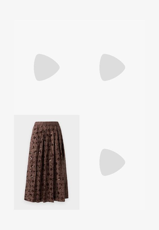 Valge smockitud topp väikeste punaste lilleprinditega, reguleeritavad ribad ja punnis varrukad rulliäärega.; Pruun midi seelik elastse vöökoha ja lilledega kristallidega kaunistusega, plekitud disainiga ning sileda kangatekstuuriga.; Loeffler Randall LEONIE SOFT BALLET FLAT - Pahkluurihmadega baleriinad - gold; Pruunist nahast käekott, millel on klapiga sulgur, kuldne riistvara, õlarihm ja sile tekstuur. Kompaktne ristkülikukujuline vorm.