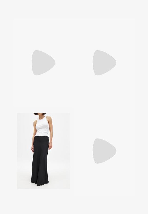 Long-sleeve, cream turtleneck top made of lightweight fabric; fitted design with subtle sheen and extended sleeves; paired with olive green pants.; Black floor-length skirt made of smooth fabric, with a fitted waist and slight flare towards the hem. Paired with a white tank top.; Black leather knee-high boot with a smooth texture, rounded toe, understated design, and a low block heel. No visible hardware or patterns.; Red square sunglasses with brown tinted lenses. Thick, glossy frames and slim arms with minor detailing on the side for visual interest.