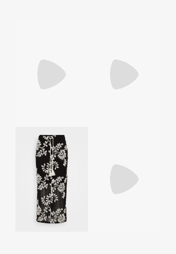 Hvid ærmeløs top med høj halsudskæring, lavet af blødt materiale, med en lige kant og et lille rødt logo mærke på siden.; Sort strikket nederdel med detaljeret hvid blomsterbroderi, regulerbar snor med frynse og en tætsiddende silhuet.; Beige patenterede læder slingback hæle med spids tå og 5 cm hæl, med udskårne sider og en tynd ankelrem.; Beige mønsteret taske med en buet form, læderdetaljer og et guldtonet logo på fronten. Har et kort håndtag for nem bæring.; Perle- og krystalhalskæde med et rundt, perlekantet design i lyse nuancer, der præsenterer skiftevis perler og glitrende detaljer, båret om halsen.