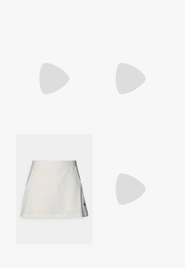 Fialový sportovní top bez rukávů s kulatým výstřihem, zdobený kontrastním žlutým šitím a malým logem na hrudi.; Bílá sportovní sukně s hladkou texturou, širokým elastickým páskem a malým černým logem na dolní levé straně. Obsahuje rozšířený design.; Černá běžecká bota s kombinací síťoviny a syntetických materiálů, masivní podešev, zakřivený design a výrazné logo na boku.; Černé sluneční brýle s kulatým, mírně vlnitým rámem, tmavými skly a rovnými černými nožkami. Hladký, lesklý povrch bez viditelných vzorů.