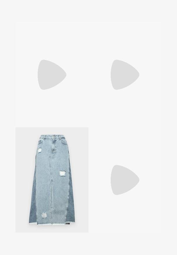 Short-sleeve lavender shirt with a pointed collar, made of smooth fabric, featuring a button-up front and a boxy silhouette.; Denim skirt featuring a blend of light and dark blue fabrics, distressed patches, a high waist, and a frayed hem.; Elleme ASYMMETRIC STRAP - Heeled mules - white; Black leather handbag with a textured surface, silver hardware, clasp closure, and a short handle for carrying. Compact and structured design.