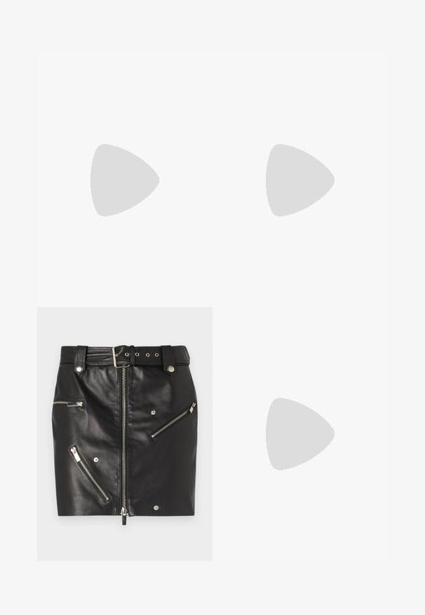 Ribakudumine lühikeste varrukatega topp, millel on horisontaalsed mustad ja valged triibud, ümmargune kaelus ja väike logo rinnal.; Mustast nahast mini seelik, millel on ees lukk, mitmed lukuga taskud, vöö koos pandlaga ja hõbedased aksessuaarid.; Knee-high mustad nahksaapad terava nina ja kitsaste stiilsete kontsadega. Sile tekstuur sobiva disainiga ja õmblused ülemisel serval.; Must must have must must must must must must must must must must must must must must must must must must must must must must must must must must must must must must must must must must must must must must must must must must must must must must must must must must must must must must must must must must must must must must must must must must must must must must must must must must must must must must must must must must.