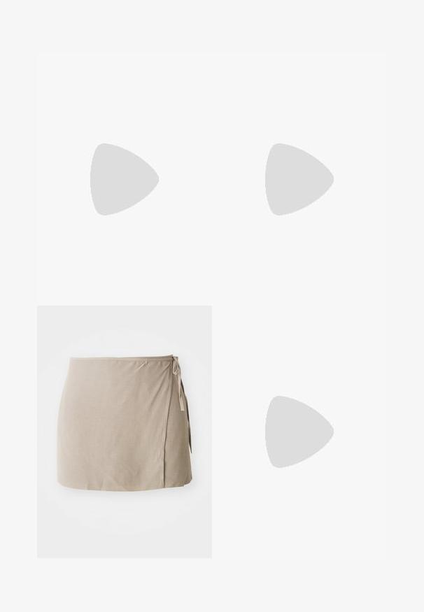 White sleeveless tank top made of ribbed cotton. Features a round neckline and side seams, with a fitted design and smooth texture.; Beige wrap skirt with a side tie, made of lightweight fabric. Features a smooth texture and a straight silhouette with a subtle drape.; Black flip-flop featuring a textured rubber sole, two slender straps, and a subtle, embossed logo detail on the strap.; Sunglasses with angular black frames on model with a gray sweater, showcasing textured knit and a black leather jacket worn by another model.