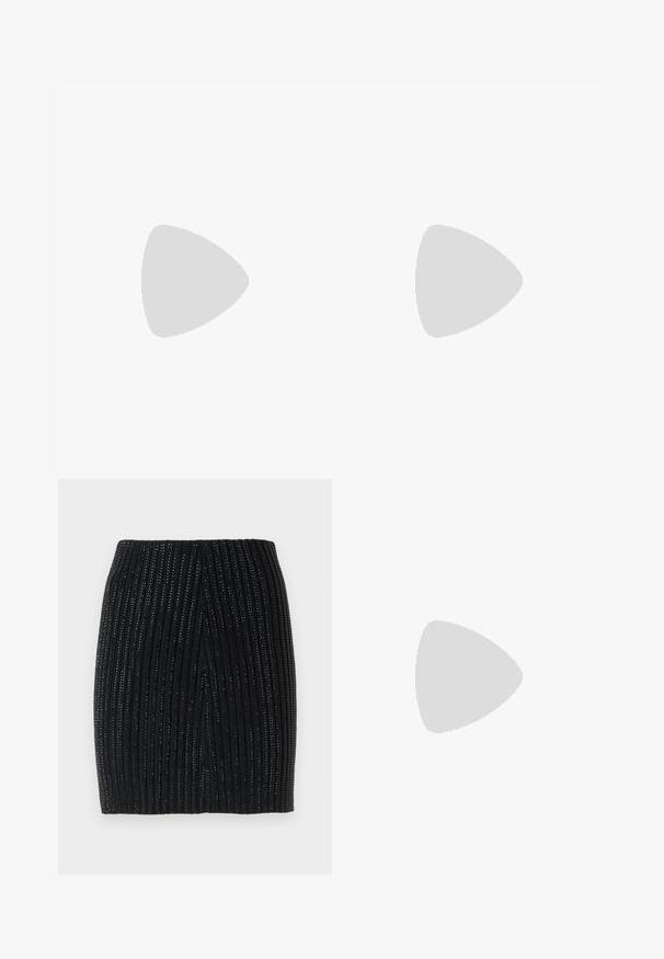 Black sequin crop top with textured pattern, V-neckline, thin adjustable straps, and a zip closure at the back. Shiny surface reflects light.; Black knitted mini skirt with vertical ribbing and subtle metallic threads. Features a fitted design and a central back slit for ease of movement.; Black leather slingback shoe with a pointed toe, decorative straps featuring metal eyelets, and a low block heel. Textured surface.; Black leather handbag with a textured surface, rectangular shape, adjustable strap, and a metallic logo accent on the front.