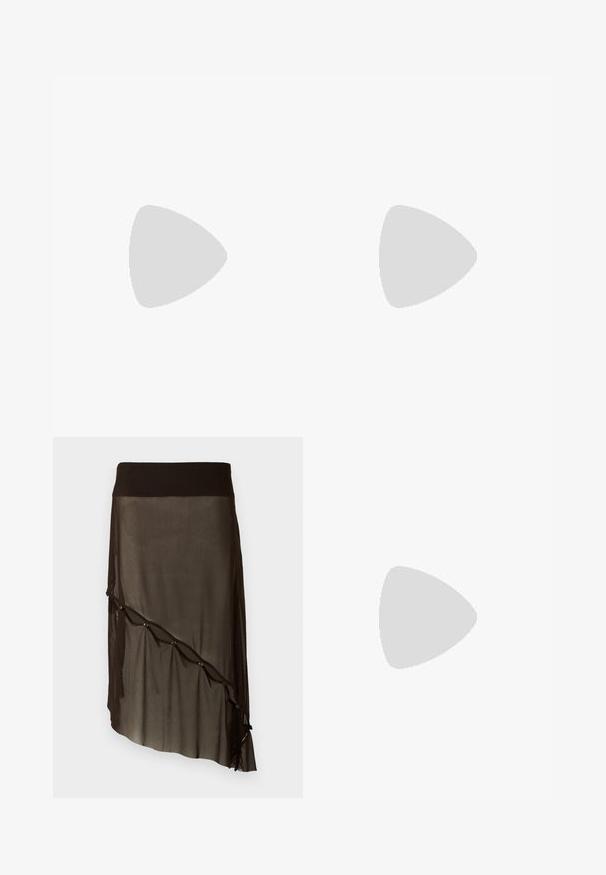 Black off-the-shoulder long-sleeve top made of a soft, smooth fabric; fitted shape with a wide neckline and a simple design.; Black mesh skirt with a fitted waistband, asymmetrical hem, decorative buttons along the front, and layered sheer texture.; Black leather slingback heels with a pointed toe, small kitten heel, and a decorative knot detail on the front. Smooth texture throughout.; Black faux leather handbag with a crocodile texture, cinched top, and a scrunched strap. Appears soft and compact in design.