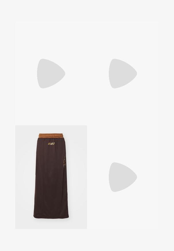 Light beige cropped top with vertical stripes. Ribbed crew neck, elastic hem, embroidered "Nike" logo and year "1972" on back. Soft fabric texture.; Nike Sportswear Maxi skirt - velvet brown/light british tan; Black and grey snake-patterned Nike slides with a wide strap and logo, worn with loose blue jeans, on a blue textured surface.; Sunglasses with a sleek, silver plastic frame, dark tinted lenses, and curved shape. Features bold accents and a lightweight design.