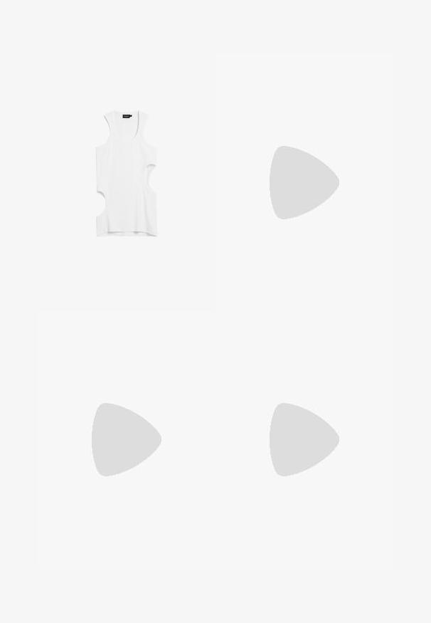 Bijela bezrukavna bluzica izrađena od mekog materijala, s izrezanim stranama i okruglim izrezom. Jednostavan dizajn bez uzoraka ili naglasaka.; Maslinaste vojne hlače izrađene od glatkog materijala, s dva prednja džepa, podesivim pojasom i elastičnim manžetama s vezanjem na gležnjevima.; Crne čizme do koljena napravljene od umjetne kože s šiljastim vrhom, glatkom teksturom i debelom blok petom. Minimalistički dizajn bez vidljivih akcenata.; Ovalne naočale s metalnim srebrnim okvirom, prozirnim staklima i teksturiranim bisernim detaljima na krakovima. Lagani dizajn s zakrivljenim krakovima.