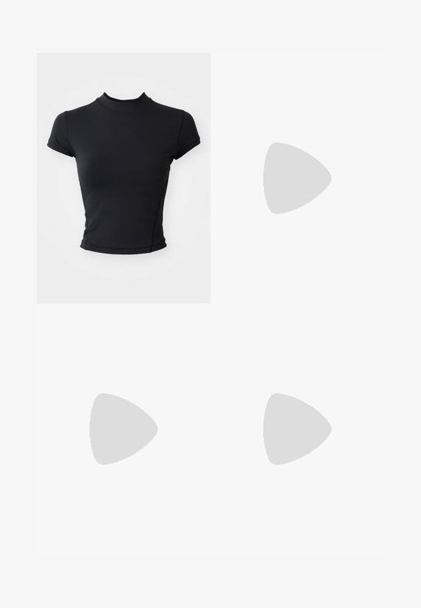 T-shirt noir court en tissu lisse et extensible, avec un col haut et des manches courtes, doté de coutures nettes et d'une silhouette ajustée.; Shorts de sport noirs en matériau extensible, avec une taille haute, une texture lisse et sans motifs ni accessoires visibles.; Chaussure de course légère en blanc et menthe clair, avec des accents bleus, un dessus en maille texturée et une semelle rembourrée avec un talon prononcé.; Lunettes de soleil rectangulaires vertes avec des verres sombres et solides, des montures épaisses transparentes et une légère finition brillante. Accents sur les branches.