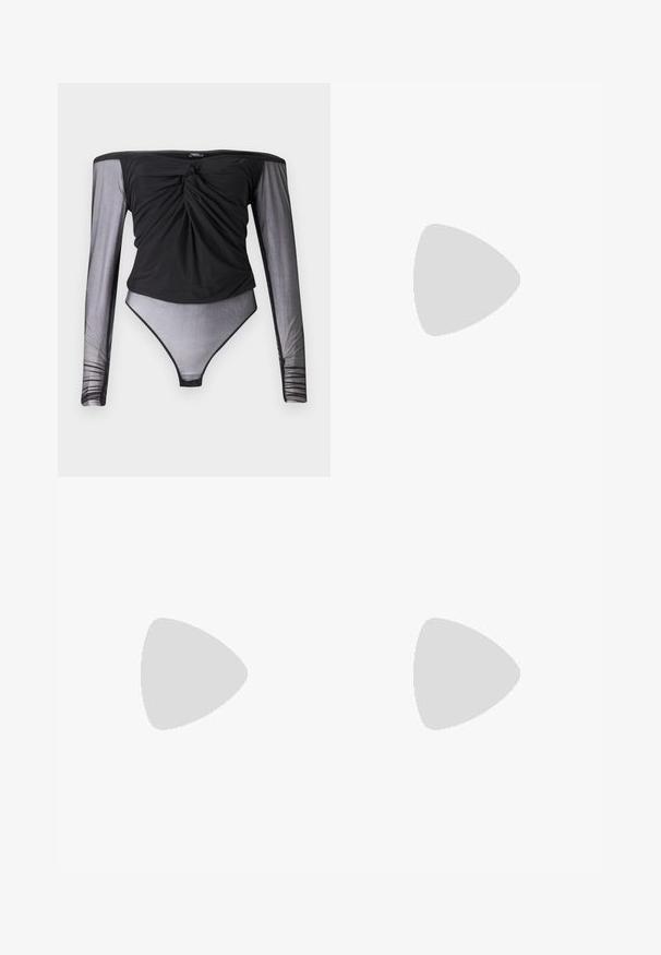 Melnas bodijs ar garām caurspīdīgām mežģīņu piedurknēm, vērpta priekšējā detaļa un pieguloša silueta. Gluda auduma ar daļēji caurspīdīgu apakšu.; Gai zili džinsa šorti ar brīvu piegriezumu, ar augstu jostu, sānu kabatām un pogu aizdari. Ar izbalējušu tekstūru visā virsmā.; Melna ādas baleta kurpe ar noapaļotu purngalu, gludu tekstūru, minimālu šuvju detalizāciju un elastīgu zoles dizainu.; Melna ādas rokassoma ar frizūras detaļām, zelta ķēdes plecu siksnu un izgrieztu rokturi. Ir logotipa novietojums priekšpusē.