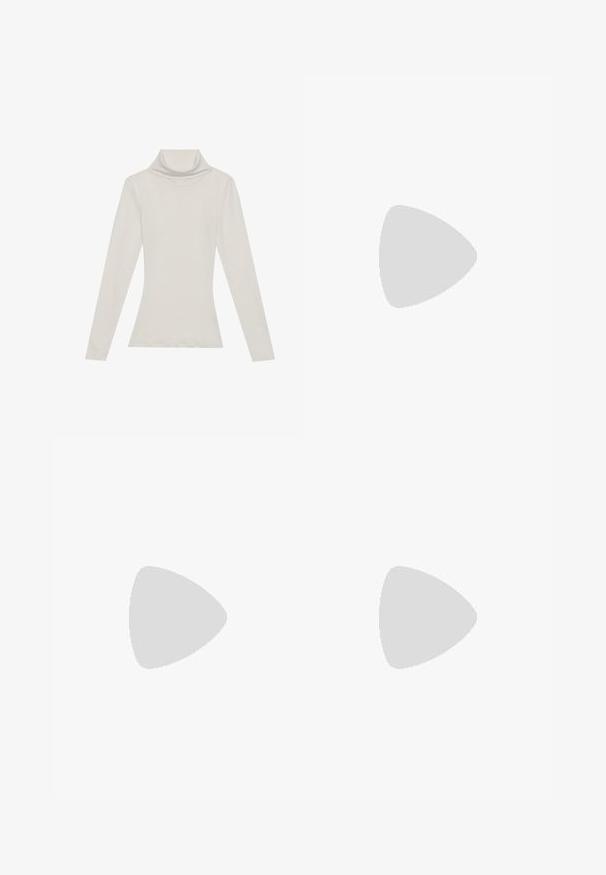 Top de cuello alto de manga larga en un color beige claro. Hecho de una tela suave y elástica con un corte holgado y un cuello doblado.; Pantalones vaqueros de mezclilla de corte ancho en azul claro, con cintura alta, zonas desteñidas, cinco bolsillos y costuras en contraste. Cierre clásico con botón y cremallera.; Zapato de tacón alto de cuero negro con punta afilada y tira en el tobillo. Presenta un diseño elegante y un tacón esbelto de 5 cm. Textura suave.; Gafas de sol carey con lentes ovalados alargados, tintado marrón, acentos de logo dorado en las patillas y brazos negros elegantes.; Bolso de cuero crema curvado con una sola correa, herrajes dorados y un sutil logo en la parte inferior. Cierre de cremallera a lo largo del borde superior.; Collar de oro con un diseño de hoja y detalles texturizados. La pieza tiene un cierre de cadena y una forma natural y fluida.