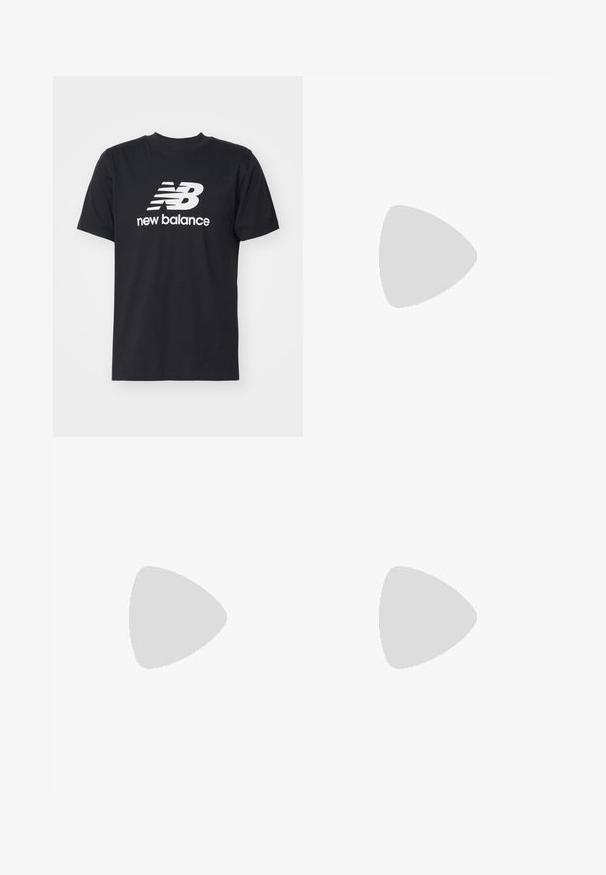 Black cotton t-shirt featuring a white "NB" logo and text "new balance" on the front. Classic crew neck and short sleeves. Plain design.; Black athletic shorts with an elastic waistband, layered design, inner fitted shorts, and a white logo on the lower left side.; Black athletic shoes featuring a mesh upper and synthetic overlays, with a textured sole and reflective accents for visibility.; Gray sunglasses with a textured, patterned frame. Oval lenses and slender arms feature a black accent. Lightweight composite material.