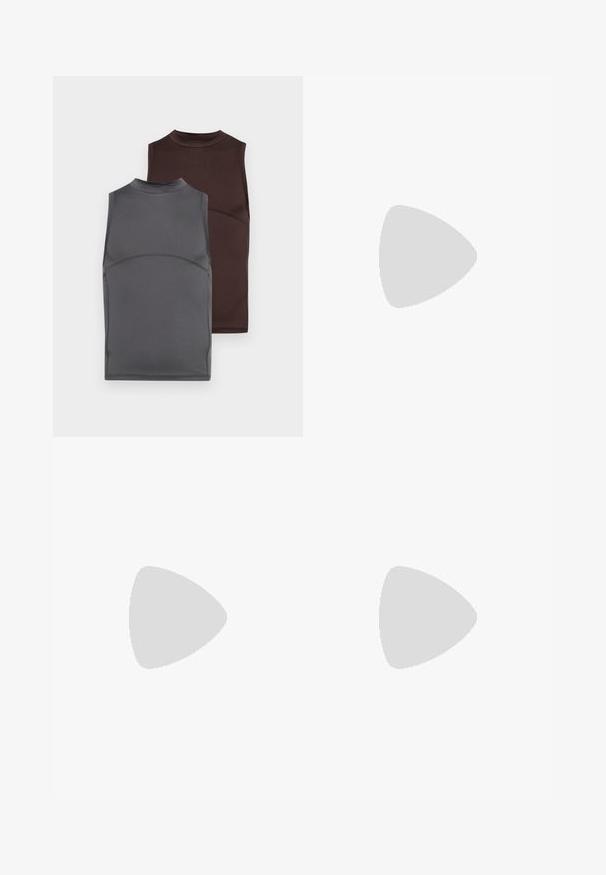 Dwa bezrękawniki w ciemnoszarym i brązowym kolorze, uszyte z gładkiego materiału. Każdy z wysokim dekoltem i dopasowanym fasonem z kontrastowymi detalami szwów.; Niebieskie dresy z elastycznym pasem i ściągaczem oraz ściągaczami u dołu. Wykonane z miękkiego materiału, z małym logo na lewym nogawce.; Szare buty sportowe z siateczkowym i zamszowym wierzchem, białymi akcentami, amortyzowaną podeszwą oraz charakterystycznym designem z elementami odblaskowymi.; Biała nerka wykonana z gładkiego, trwałego materiału. Posiada wyraźną, zaokrągloną przednią kieszeń z zapięciem na zamek i regulowany czarny pasek.