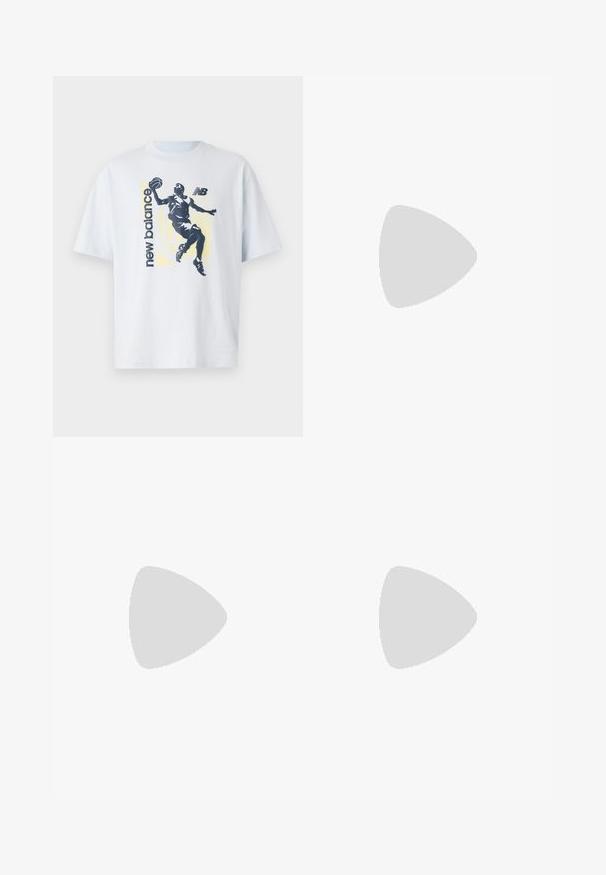 Light blue cotton t-shirt featuring a dark silhouette of a basketball player and "new balance" text in contrasting colors. Short sleeves.; Green cargo shorts with a relaxed fit, made from lightweight fabric. Features side pockets and a front button closure.; Lightweight sneaker featuring a mesh and suede upper in soft cream tones, with a chunky sole and three-dimensional accents.; Black waist bag made of nylon; features a front zipper pocket, adjustable strap, and a logo patch. Rounded shape with a smooth texture.