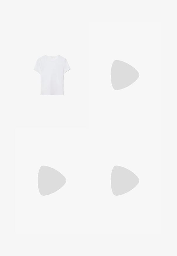 Weißes kurzärmliges T-Shirt aus weichem Stoff. Hat einen runden Halsausschnitt und ein einfaches, sauberes Design mit geradem Saum.; Denim A-Linie-Rock in hellblau mit subtilen Blumenmuster, ausgestattet mit zwei Seitentaschen und einem glatten, gesäumten Abschluss.; Weiße Leder-Sneaker mit perforiertem Zehenbereich, strukturiertem Sohlen und weißen Schnürsenkeln, kombiniert mit weiten roten Hosen und einem blauen und gelben Hintergrund.; Gelbe lackierte Leder-Handtasche mit strukturiertem Design, einem oberen Griff und einem vorderen Druckverschluss, der mit einem kreisförmigen Metall-Logo-Akzent versehen ist.