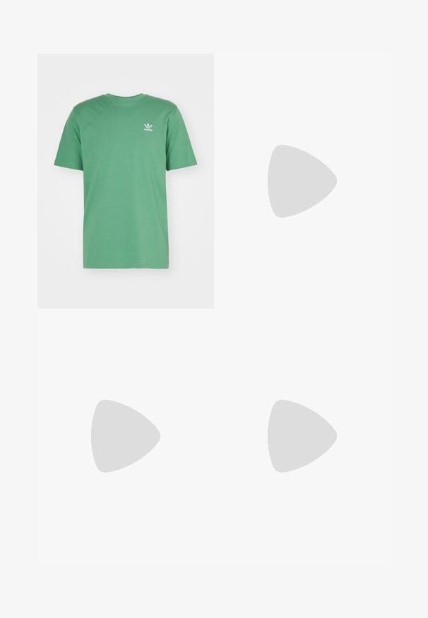 adidas Originals TREFOIL ESSENTIALS - Triko s potiskem - preloved green; Khaki cargo šortky s elastickým pasem, bočními kapsami a předním zapínáním na sponu. Vyrobeno z lehkého, texturovaného materiálu.; Černobílé tenisky s vrchní částí z semišové a kožené kůže, včetně tří bílých pruhů, perforovaného špičky a podrážky z gumy.; Černá crossbody taška z látky se zipovým uzávěrem, obsahující bílé logo Adidas a pruhovaný nastavitelný popruh pro snadné nošení.