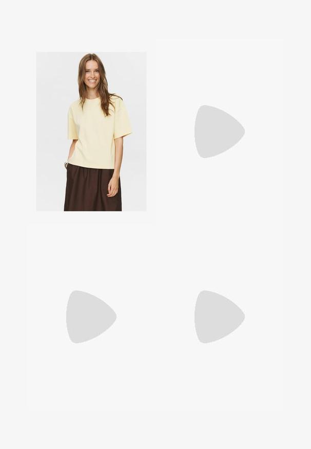 Short-sleeve yellow cotton t-shirt with a round neckline, relaxed fit, and soft texture, paired with a brown skirt.; White linen pants with a relaxed fit, featuring an elastic waistband and drawstring, and straight legs with a clean hem.; Call it Spring LUNAROSE - T-bar sandals - black; Tortoiseshell sunglasses with a square frame, gradient brown lenses, and subtle gold hardware accents on the temples.; Brown suede tote bag with two soft handles, a vertical strap with a silver accent, and a wide, open top. Smooth texture, minimalist design.