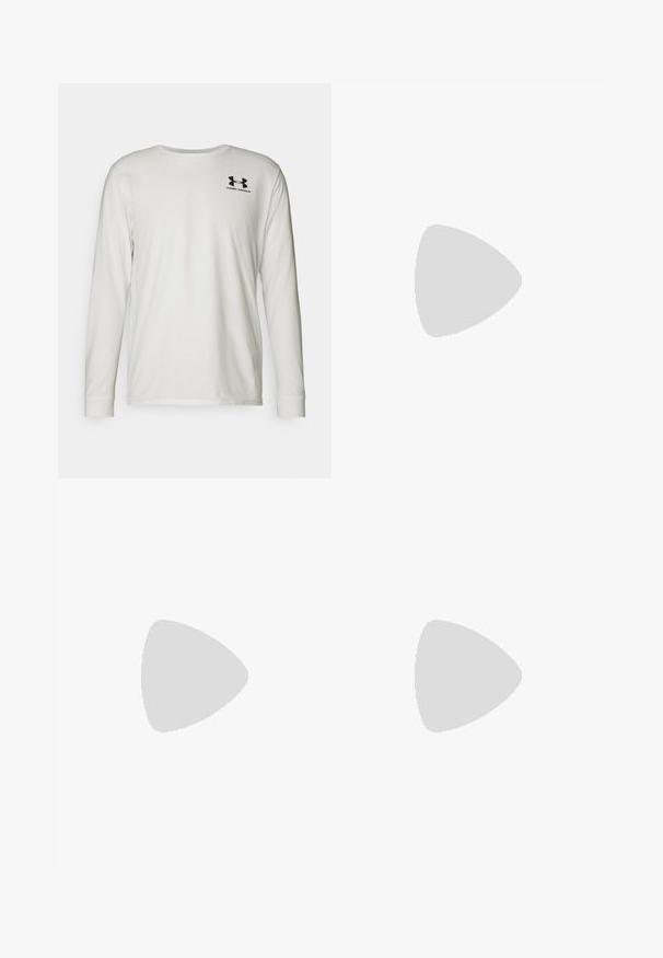 Long-sleeve white t-shirt made of cotton with a round neckline. Features a black logo on the upper left chest. Smooth texture and fitted design.; Black athletic shorts with a smooth texture, fitted design, and white logo on the left side. No visible pockets or hardware details.; White running shoe featuring a textured mesh upper, black swoosh design, and a colorful, layered sole with orange and yellow accents.; Black sunglasses with a matte finish, rectangular lenses, slight curve on temples, subtle logo detail, and smoke-tinted lenses.